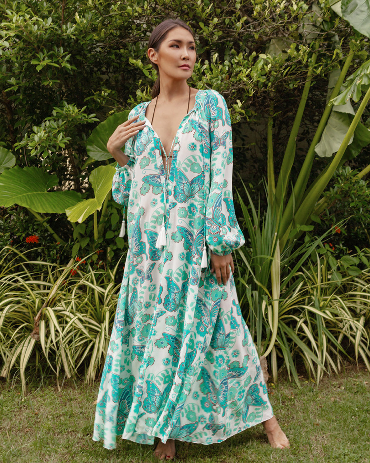 maxi dress caftan Calista Silk Caftan Maxi Dress - Turquoise Butterfly