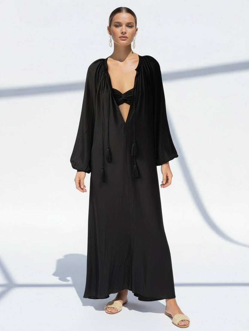 Calista Silk Caftan Maxi Dress - Black
