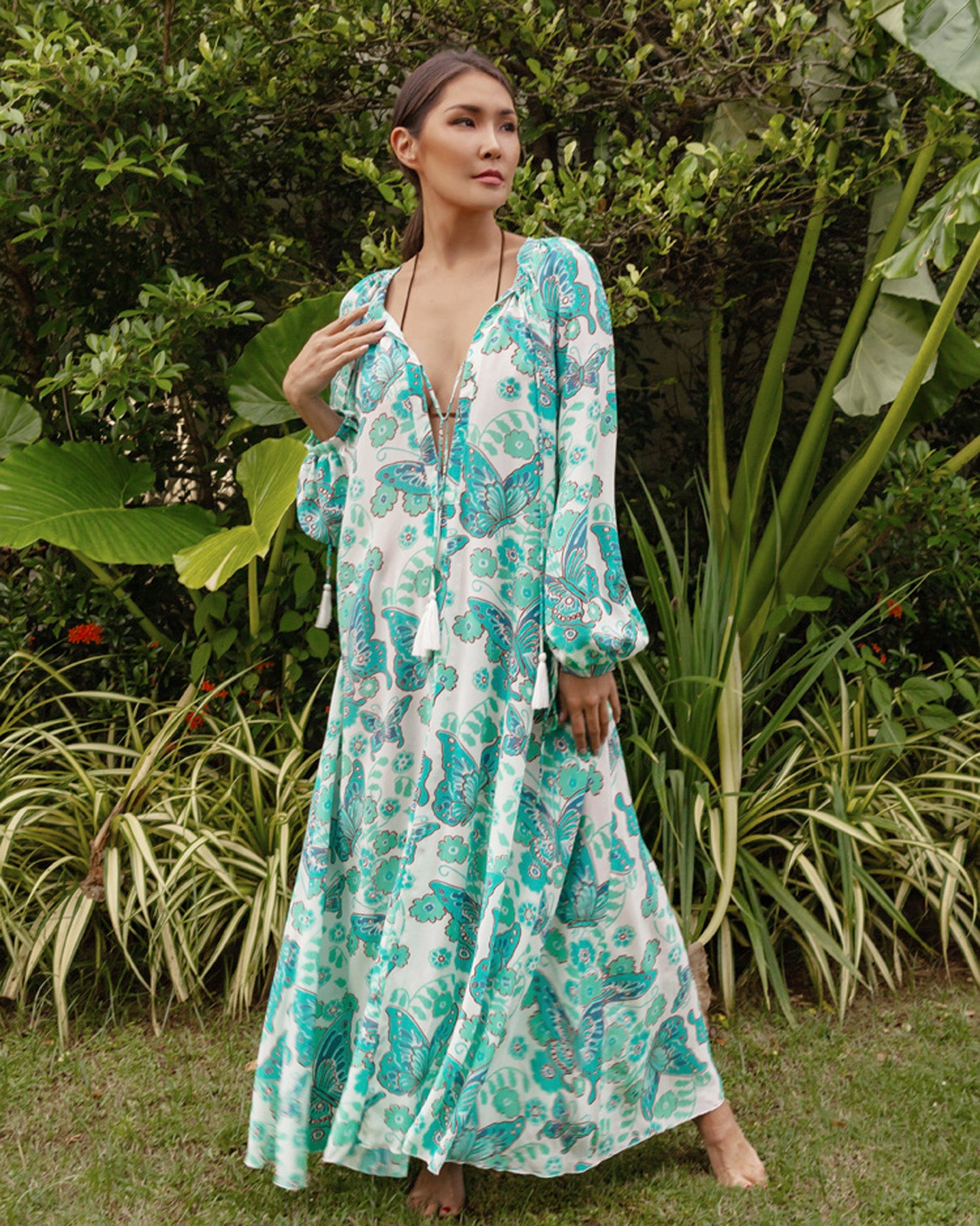 Calista Silk Caftan Maxi Dress - Turquoise Butterfly | AMARIS Calista Silk Caftan Maxi Dress - Turquoise Butterfly | AMARIS