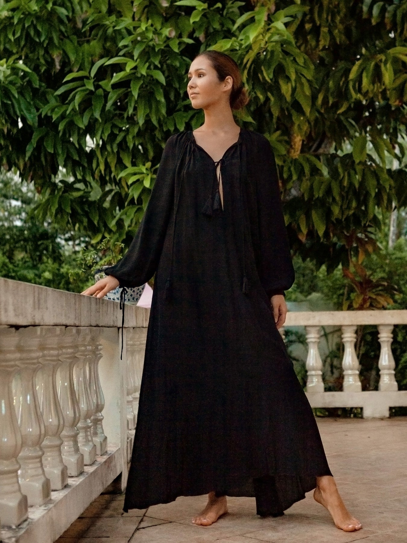 Calista Silk Caftan Maxi Dress - Black