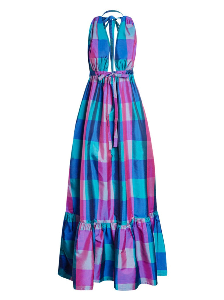 Aphaea Silk Taffeta Maxi Dress - Royal Plaid