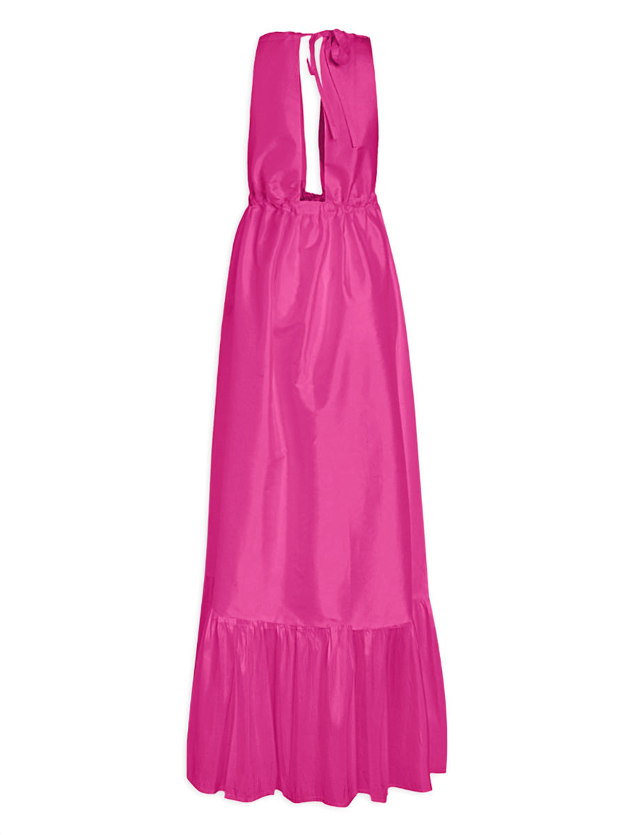 Aphaea Thai Silk Taffeta Ruffle Maxi Dress - Bright Pink