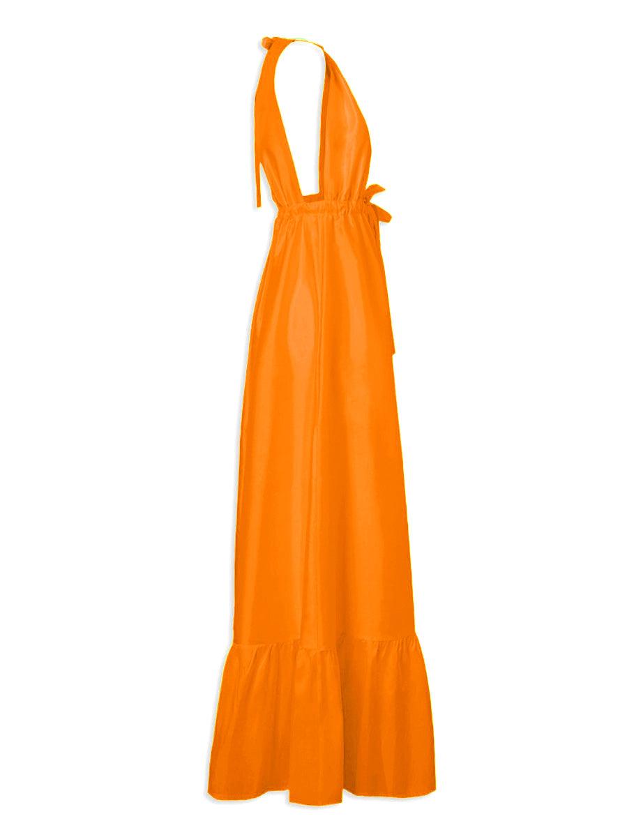 Aphaea Thai Silk Taffeta Ruffle Maxi Dress- Tangerine