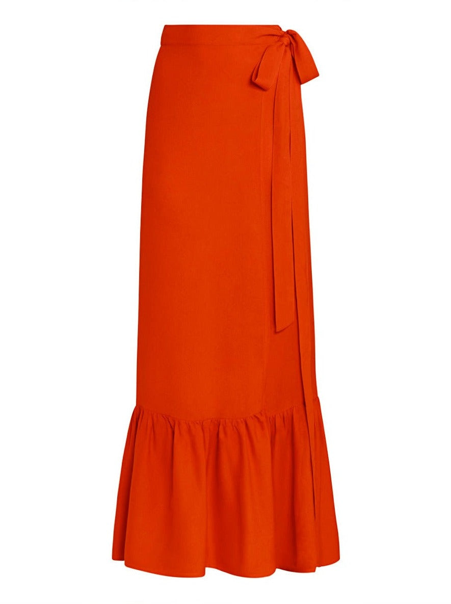 Aura Ruffle Pareo Wrap Maxi Skirt in Bamboo Crepe - Tomato Red - AMARIS