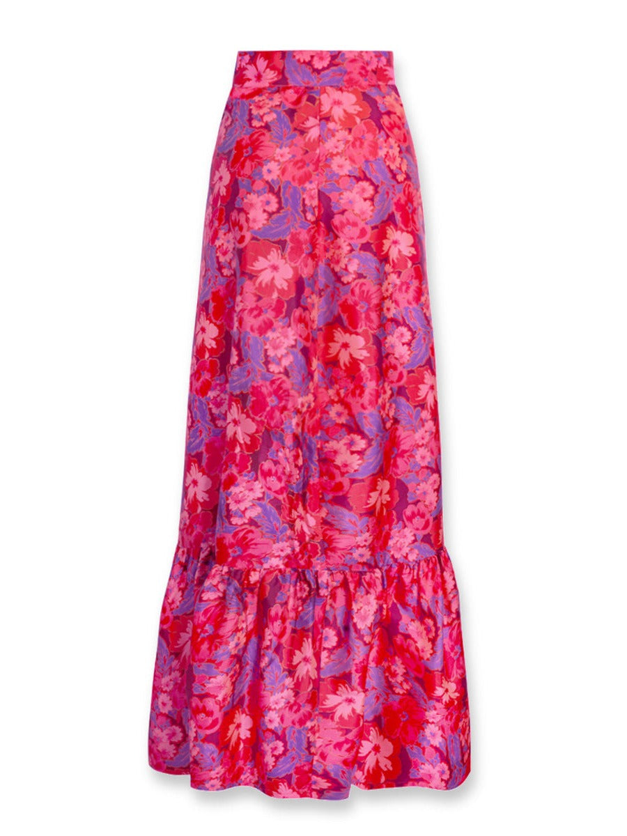 Calypso Printed Silk Taffeta Wrap Maxi Skirt - Berry Blossom