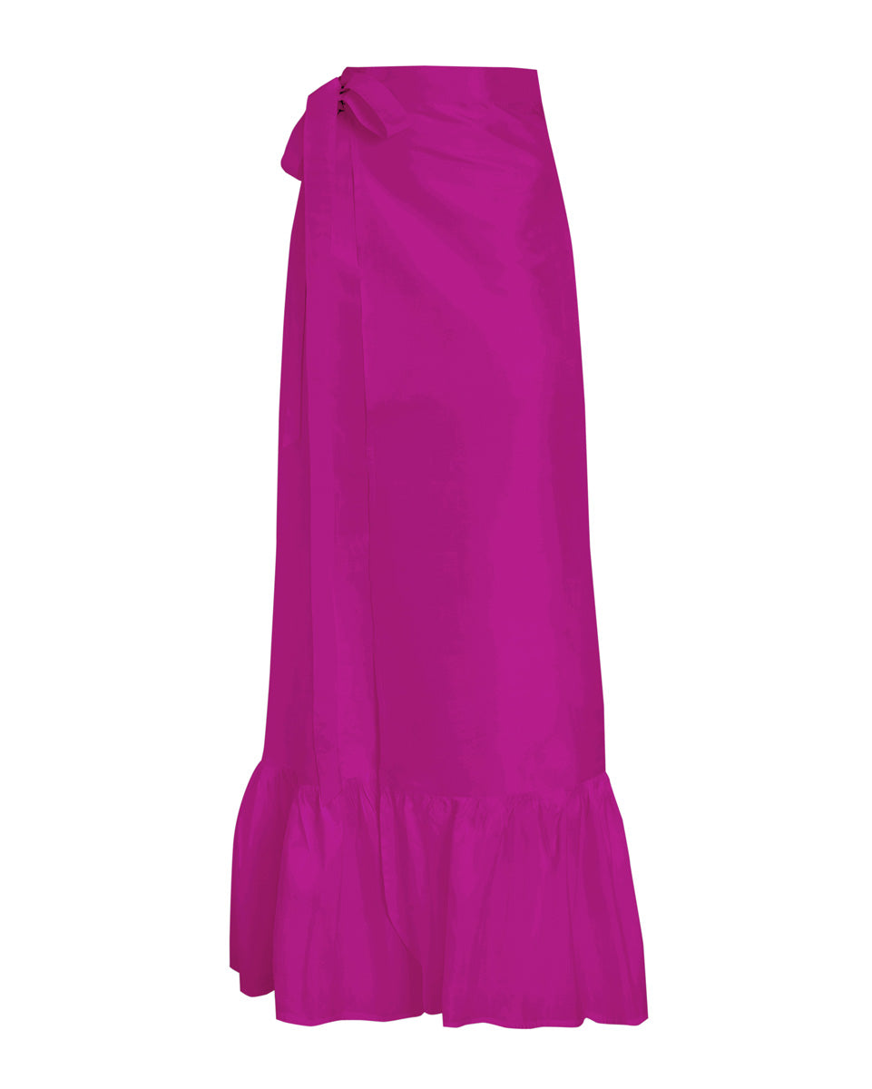 Fuchsia pink skirt with a ruffled hem on a white background