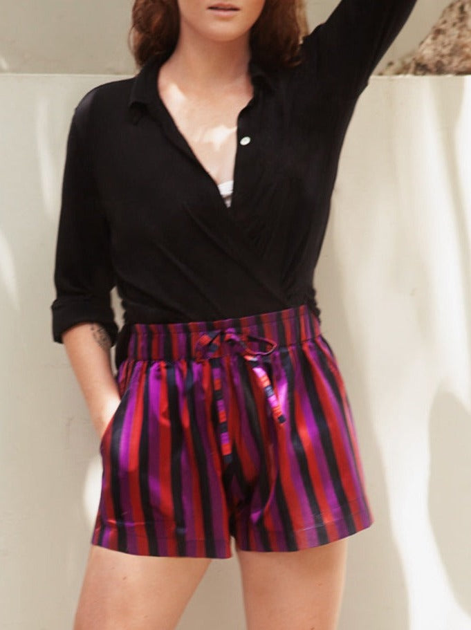 Hannah Stripe Silk PJ Style Shorts - Berry Stripe AMARIS
