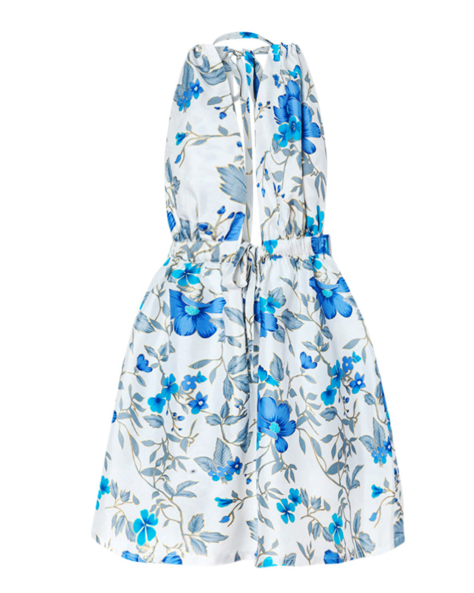 Pheme Printed Halter Silk Mini Dress - Blue Floral - AMARIS