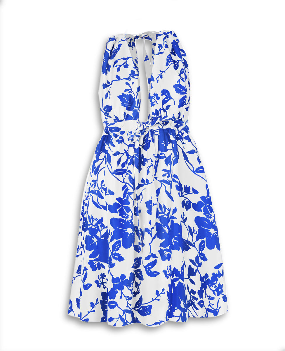 Pheme Printed Thai Silk Taffeta Dress - Cobalt Floral