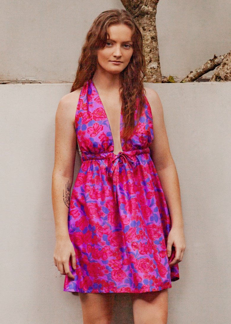 Pheme Printed Halter Silk Mini Dress - Violet Rose - AMARIS