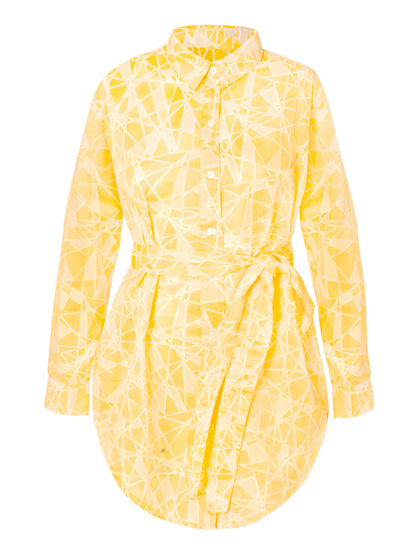 Brigitte Printed Thai Silk Button Down Shirt Dress - Butter Geo - AMARIS