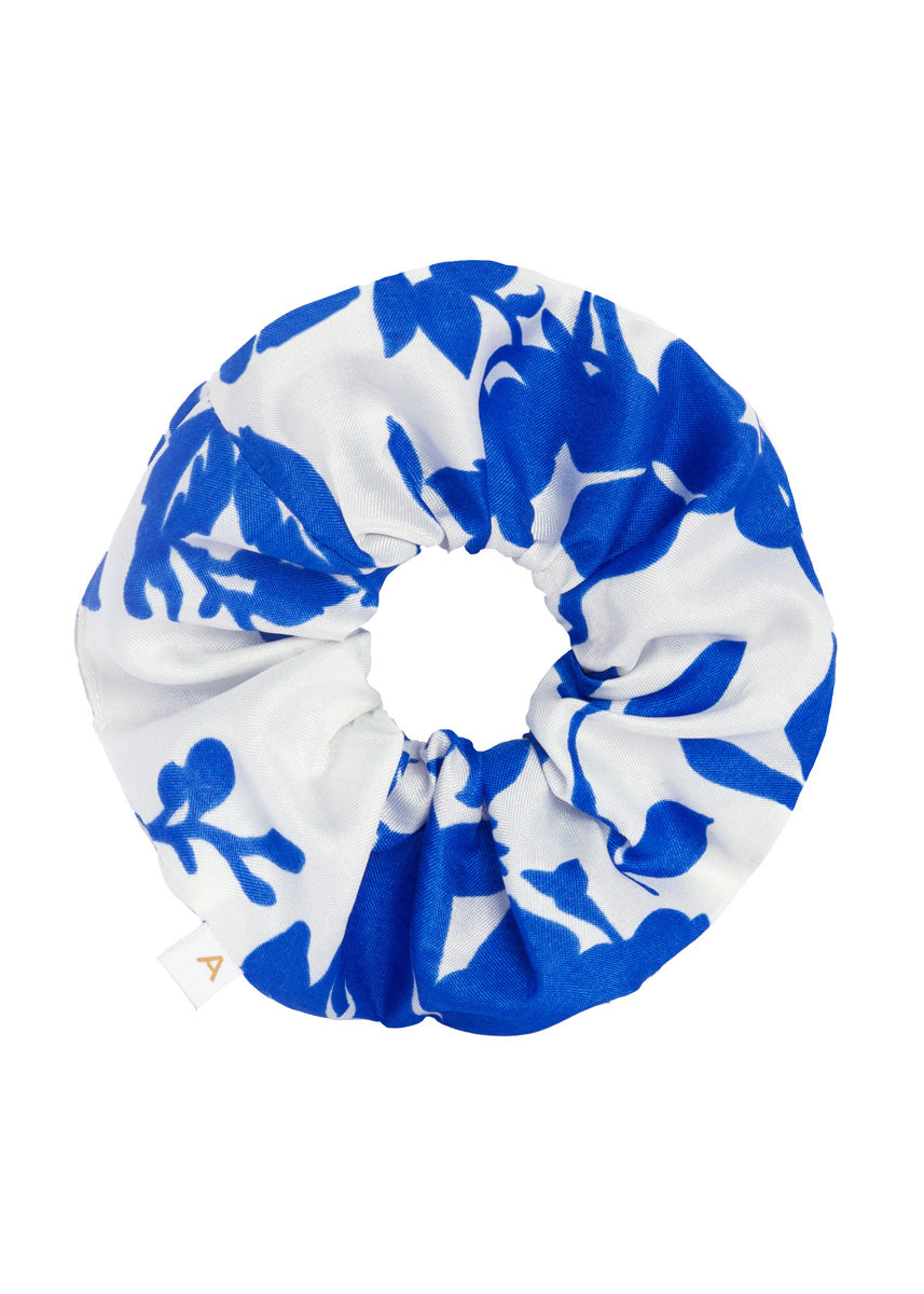 Soleil Floral Print Silk Scrunchie - Cobalt Floral - AMARIS