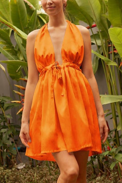 Pheme Halter Silk Mini Dress - Tangerine - AMARIS