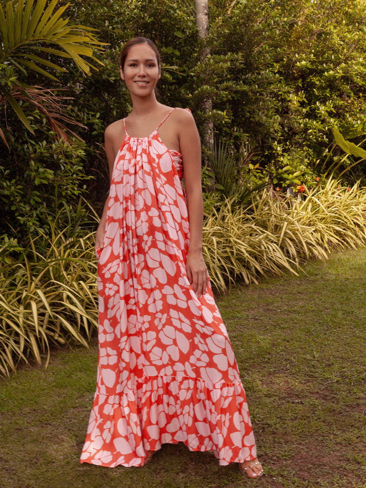 Thalia Bamboo Crepe Ruffle Maxi Dress - Persimmon Poppy - AMARIS