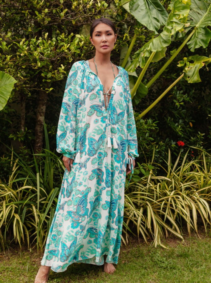 Calista Printed Silk Crepe Caftan Maxi Dress - Turquoise Butterfly