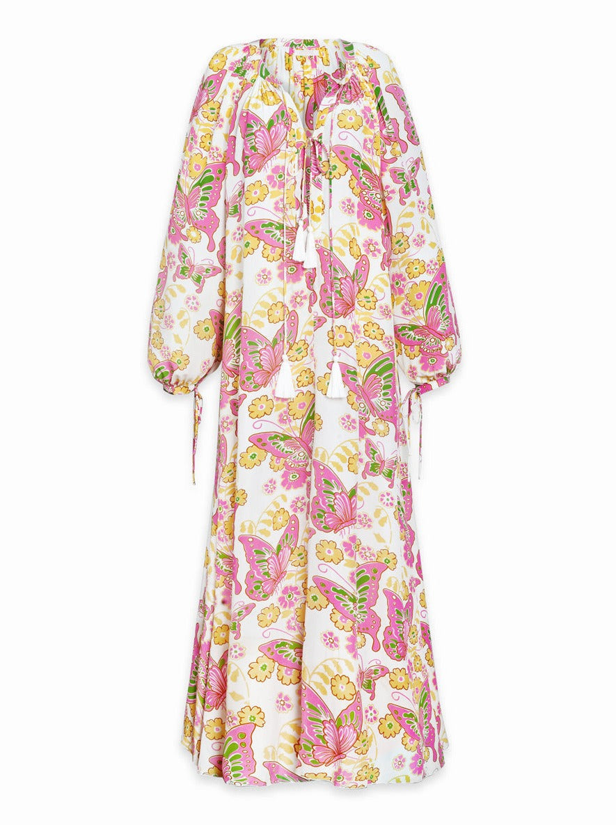 Calista Printed Silk Crepe Caftan Maxi Dress - Pink Butterfly