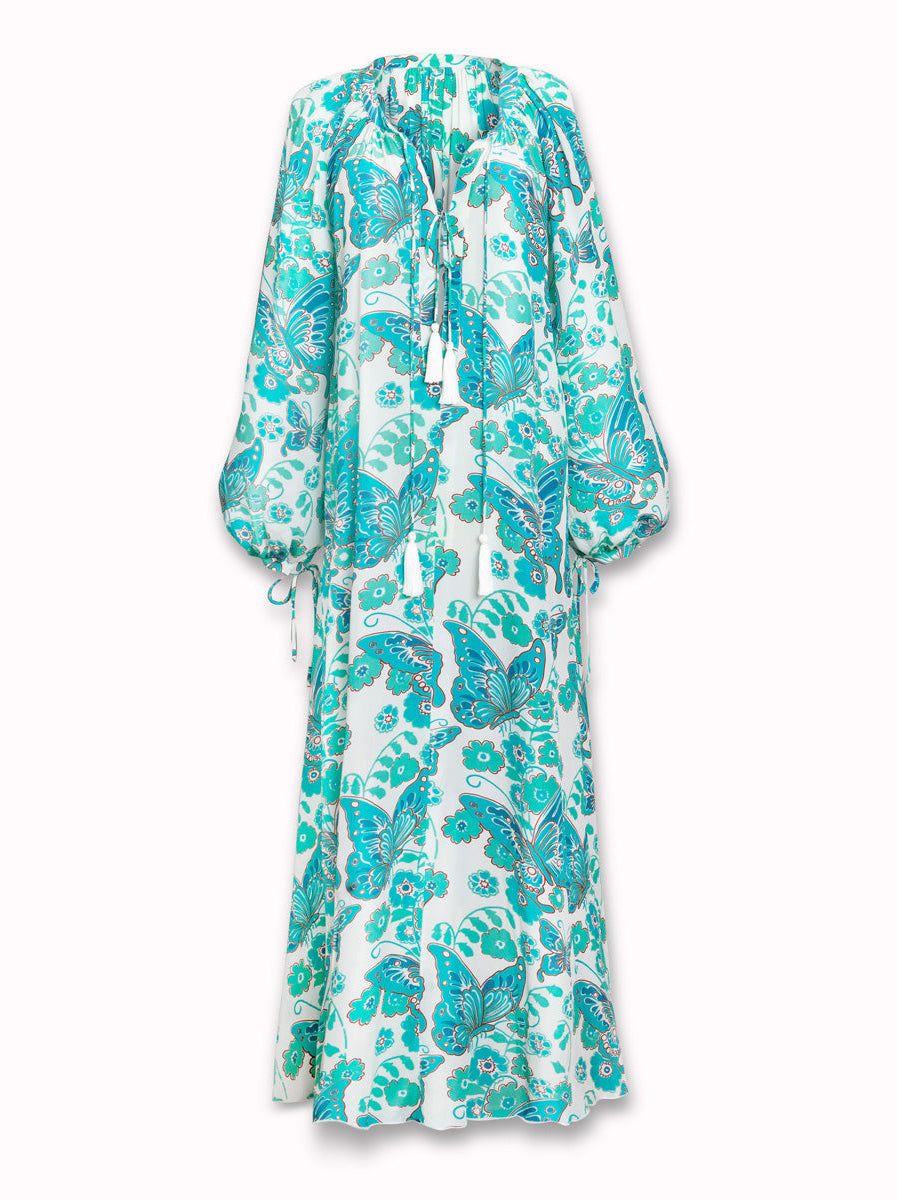 Calista Printed Crepe de Chine Silk Maxi Dress - Turquoise Butterfly - AMARIS