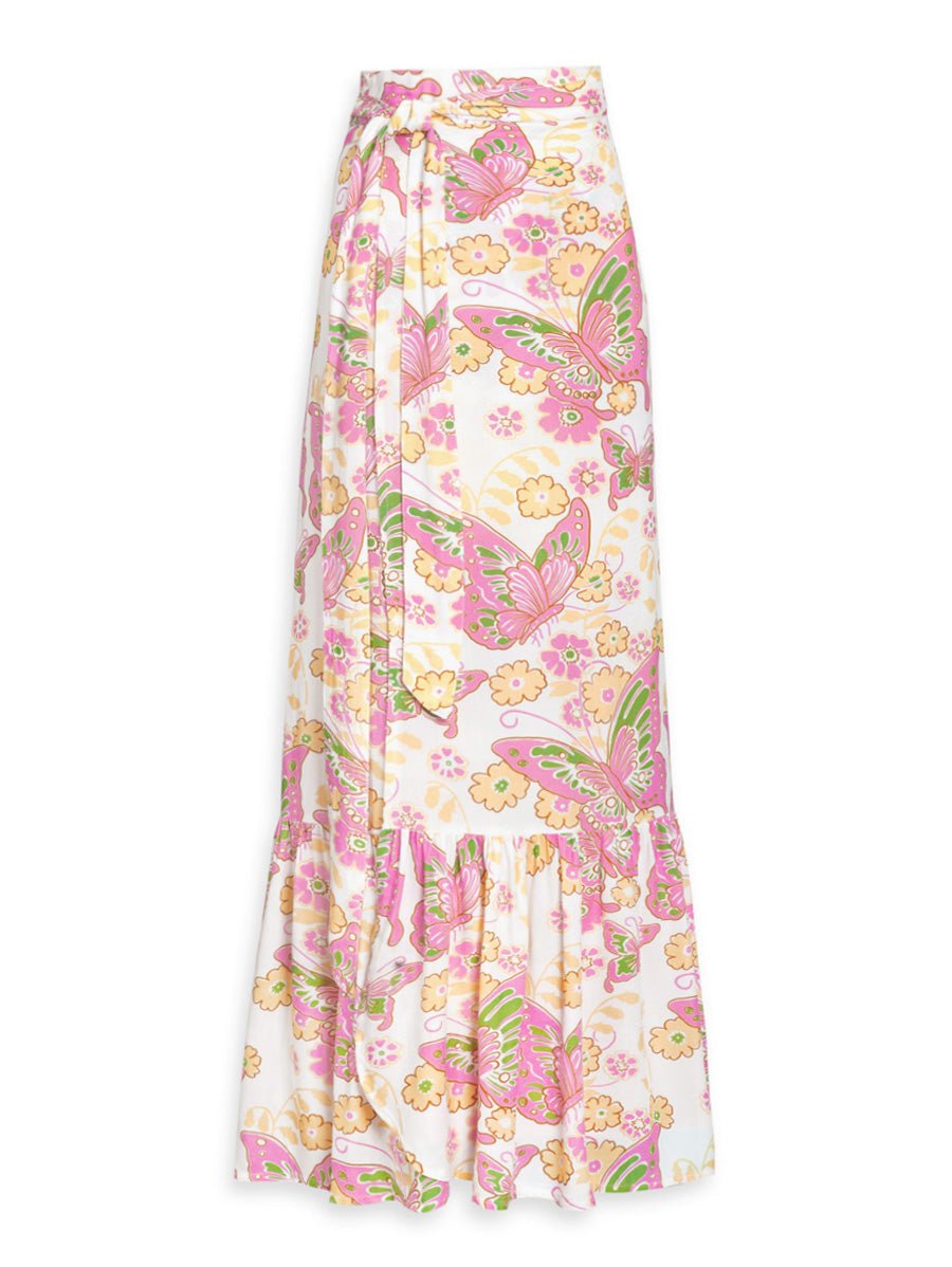 Aura Printed Gauze Ruffle Wrap Pareo Maxi Skirt - Pink Butterfly - AMARIS