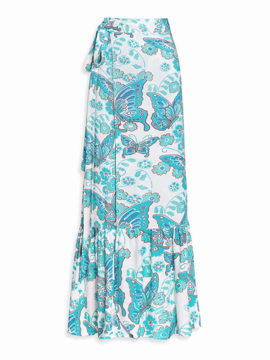 Aura Printed Gauze Ruffle Wrap Pareo Maxi Skirt - Turquoise Butterfly - AMARIS