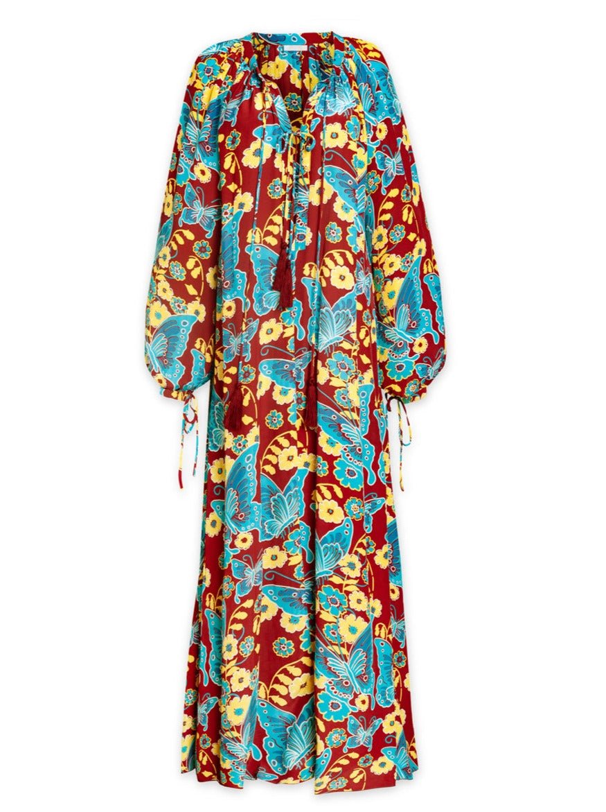 Calista Printed Crepe de Chine Silk Maxi Dress - Garnet Butterfly - AMARIS