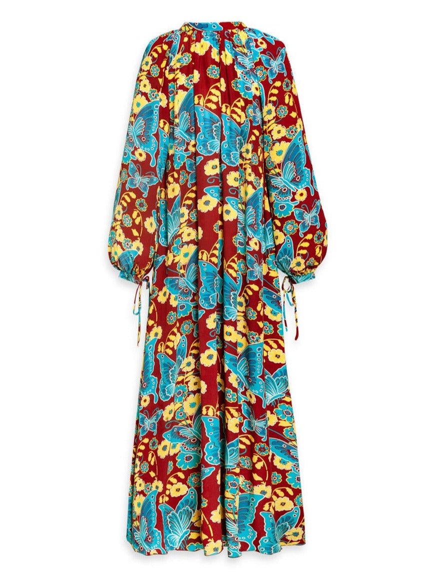 Calista Printed Crepe de Chine Silk Maxi Dress - Garnet Butterfly - AMARIS