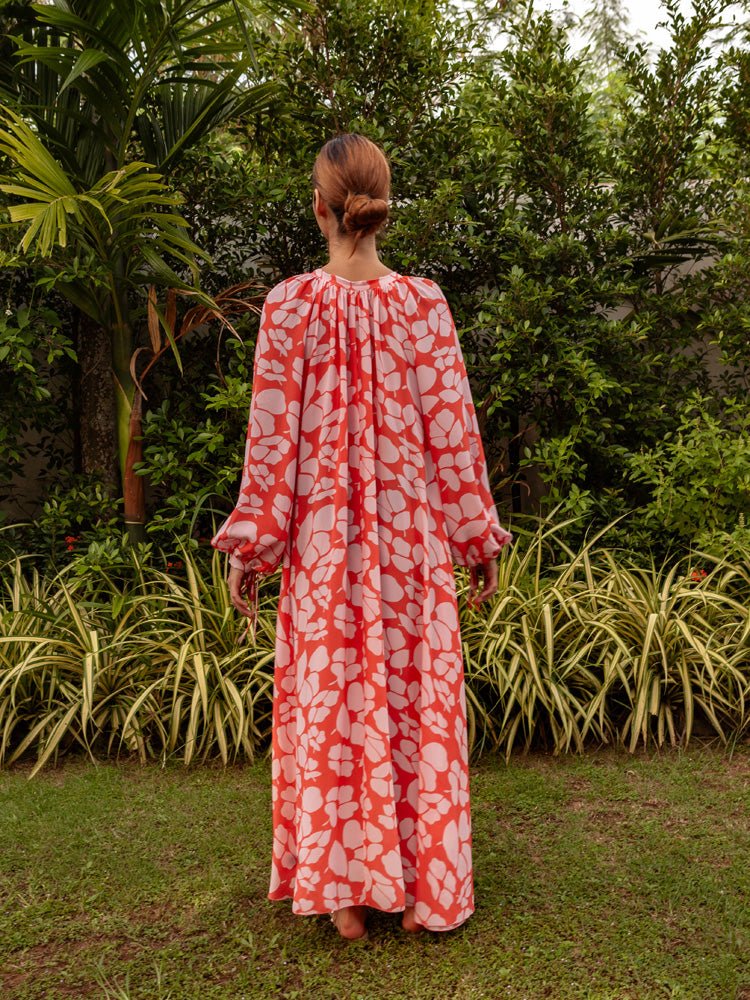 Calista Printed Crepe de Chine Silk Maxi Dress - Persimmon Poppy - AMARIS