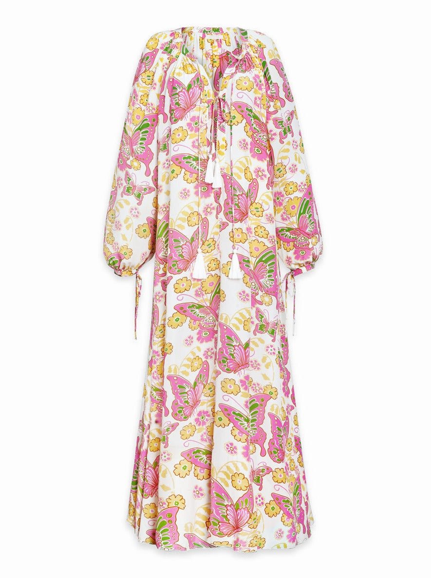 Calista Printed Crepe de Chine Silk Maxi Dress - Pink Butterfly - AMARIS