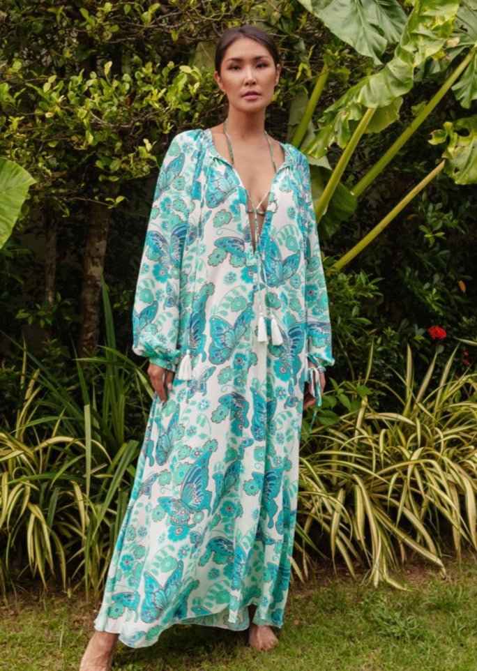 Calista Printed Crepe de Chine Silk Maxi Dress - Turquoise Butterfly - AMARIS