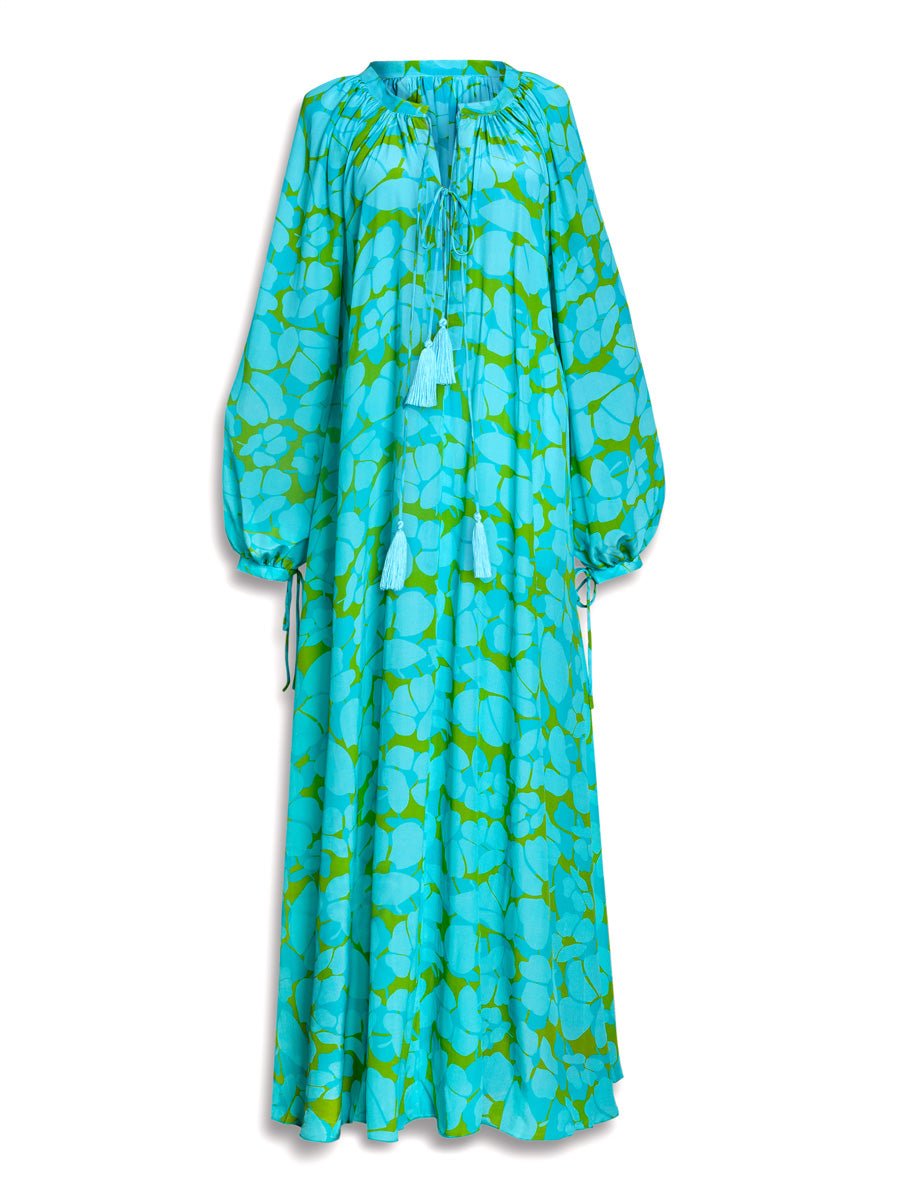 Calista Printed Crepe de Chine Silk Maxi Dress - Turquoise Poppy - AMARIS