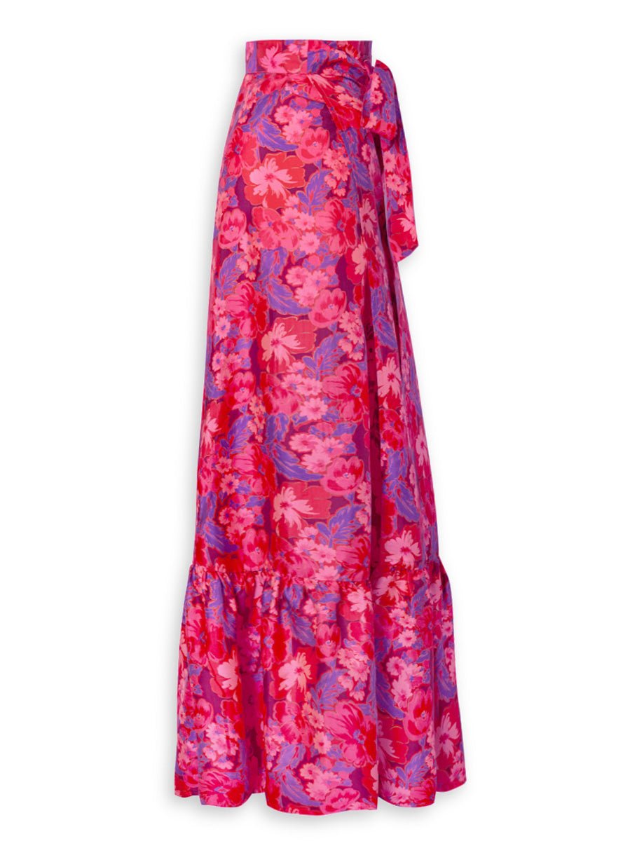 Calypso Printed Silk Taffeta Wrap Maxi Skirt - Berry Blossom - AMARIS