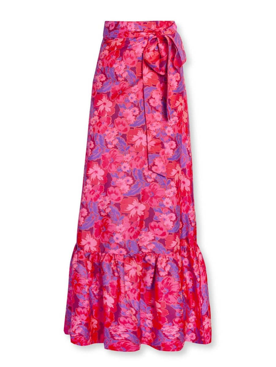 Calypso Printed Silk Taffeta Wrap Maxi Skirt - Berry Blossom - AMARIS