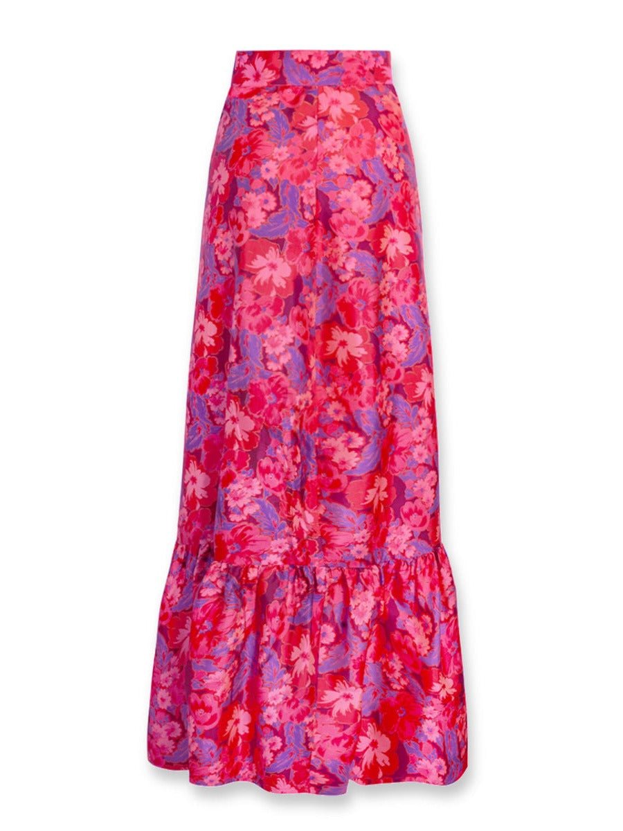 Calypso Printed Silk Taffeta Wrap Maxi Skirt - Berry Blossom - AMARIS