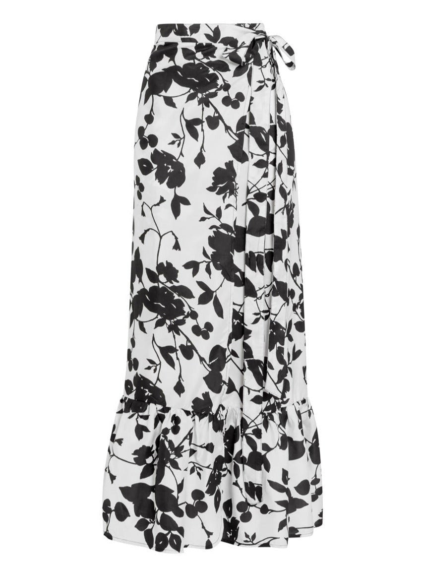 Calypso Silk Wrap Pareo Maxi Skirt - Black Floral - AMARIS