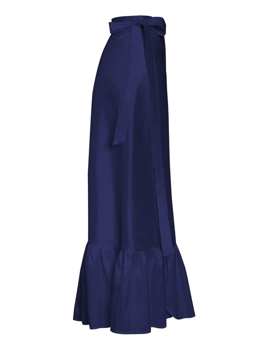 Calypso Silk Wrap Ruffle Maxi Skirt - Navy - AMARIS