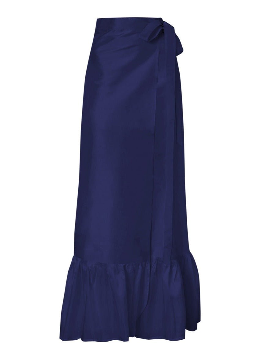 Calypso Silk Wrap Ruffle Maxi Skirt - Navy - AMARIS