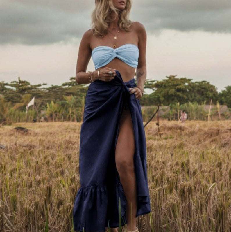 Calypso Silk Wrap Ruffle Maxi Skirt - Navy - AMARIS