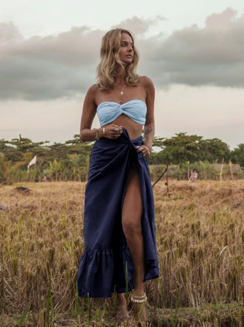 Calypso Silk Wrap Ruffle Maxi Skirt - Navy - AMARIS