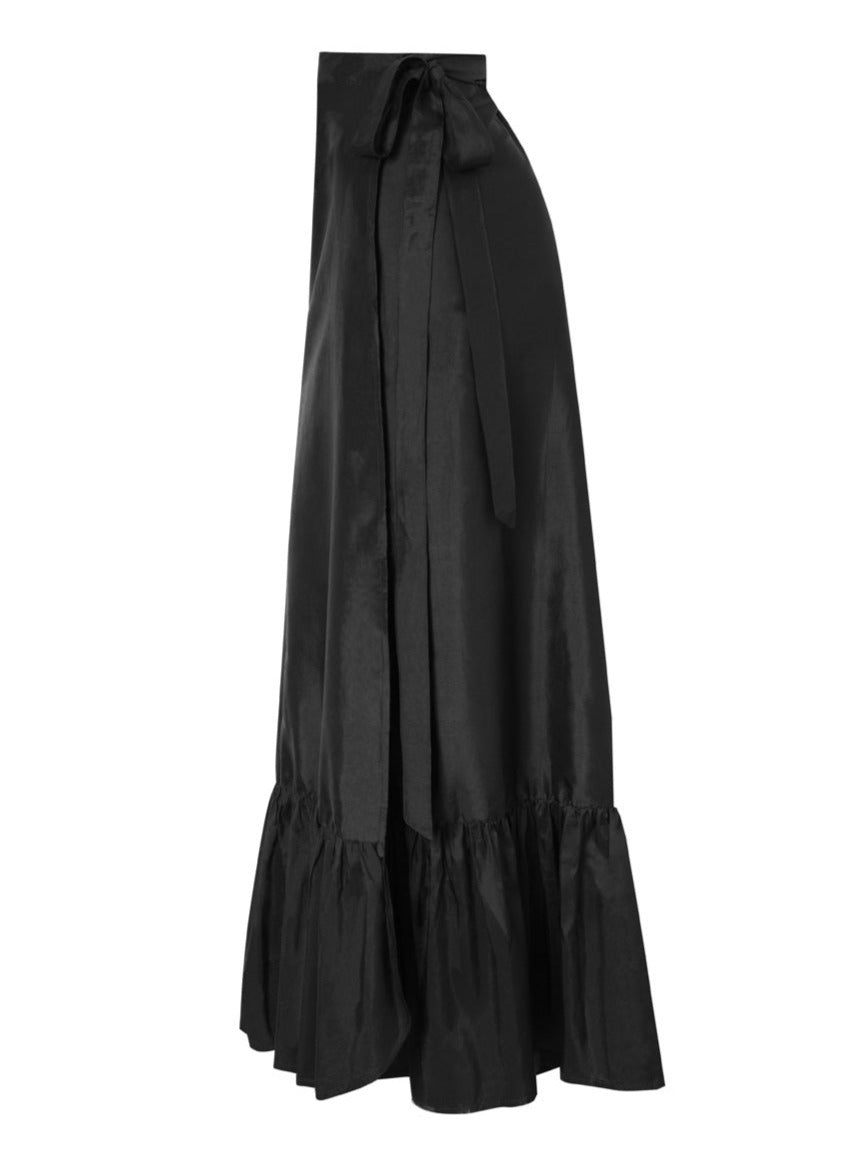 Calypso Thai Silk Taffeta Ruffle Wrap Skirt - Black - AMARIS