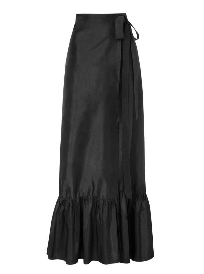 Calypso Thai Silk Taffeta Ruffle Wrap Skirt - Black - AMARIS