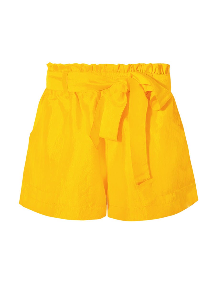 Charlotte Silk Taffeta Belted Ruffle Waist Shorts - Golden - AMARIS