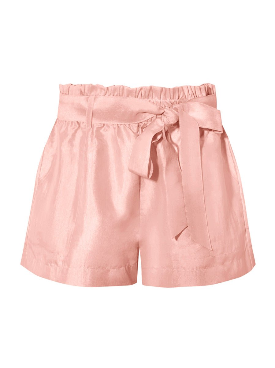 Charlotte Silk Taffeta Belted Ruffle Waist Shorts - Soft Pink - AMARIS