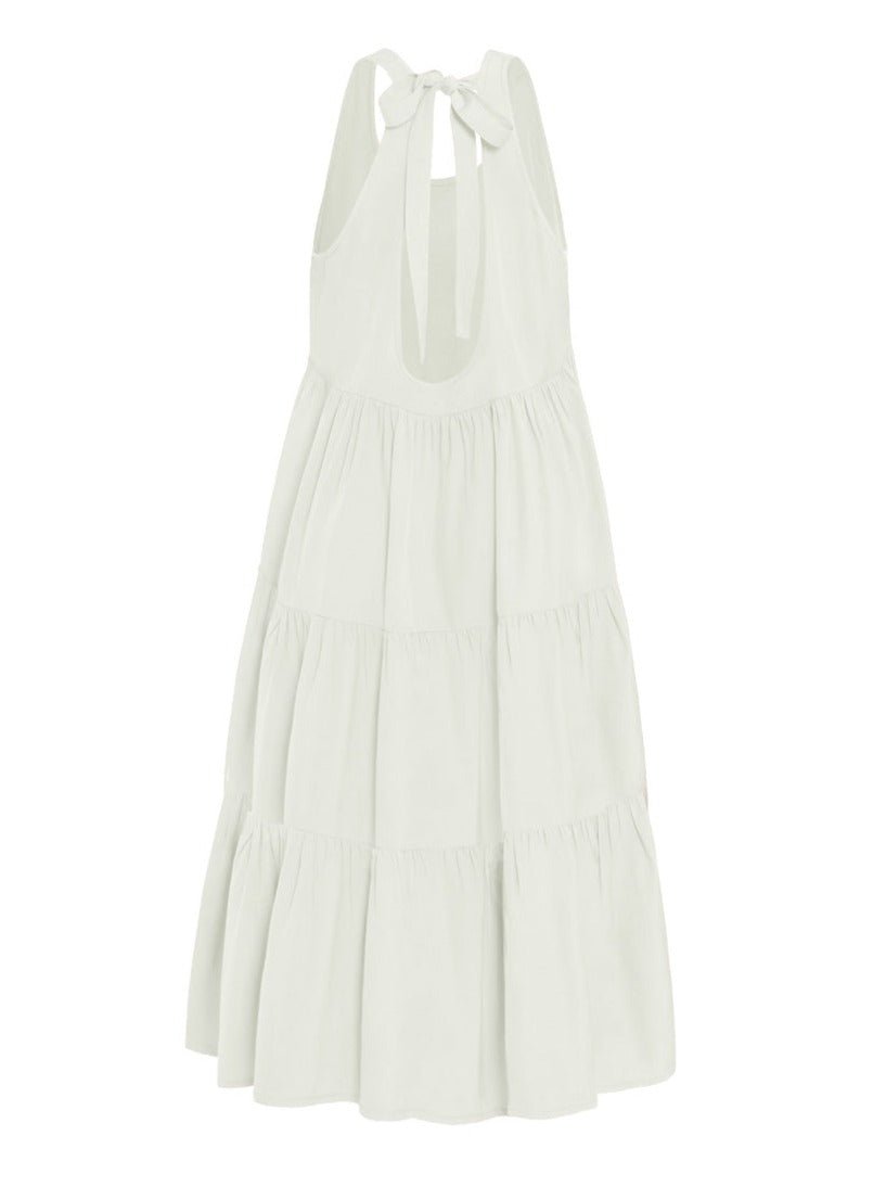 Chloe Bamboo Poplin Open Back Midi Ruffle Dress - Natural - AMARIS