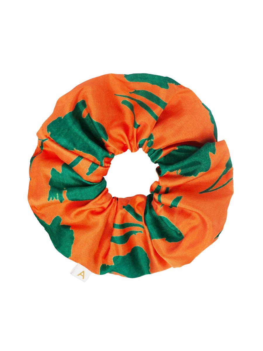 Soleil Floral Print Silk Scrunchie - Orange Green Floral - AMARIS