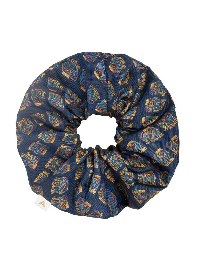 Soleil Print Silk Scrunchie - Navy Elephant - AMARIS