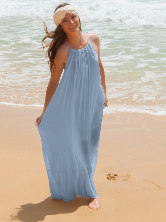 Thalia Bamboo Crepe Ruffle Maxi Dress - Light Blue - AMARIS