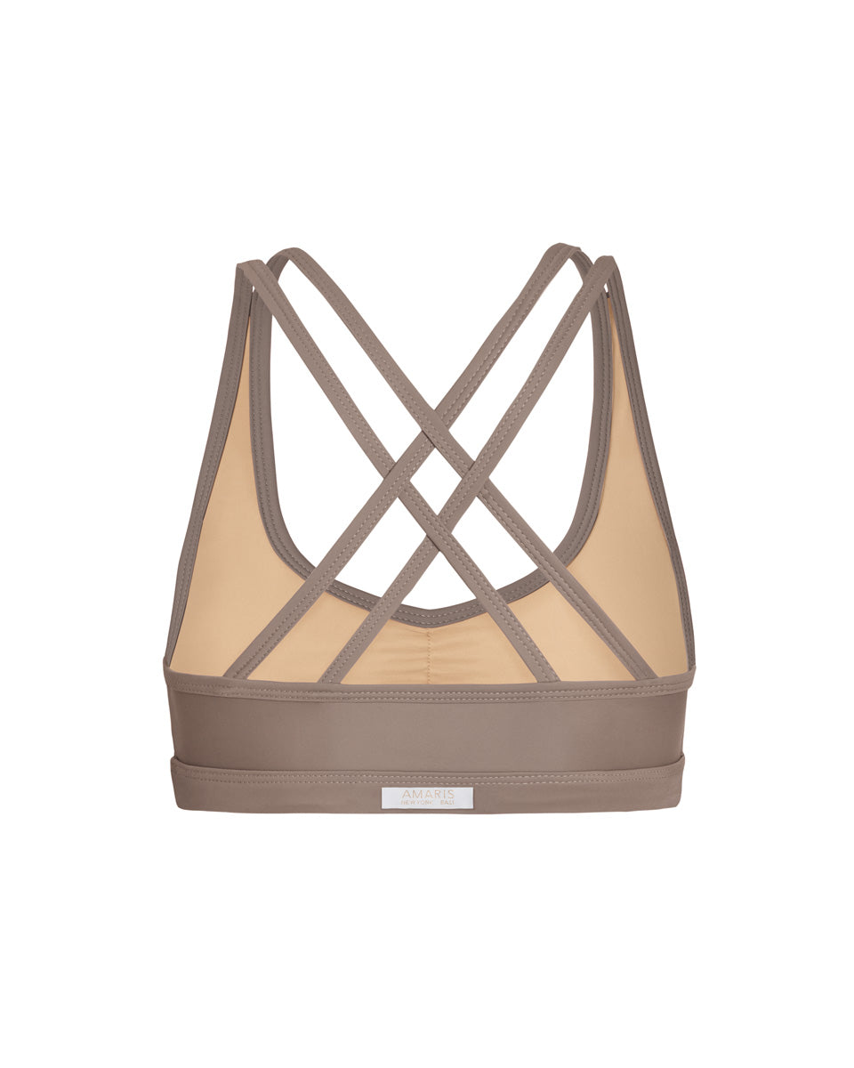 back of crossback sports bra in mink grey color