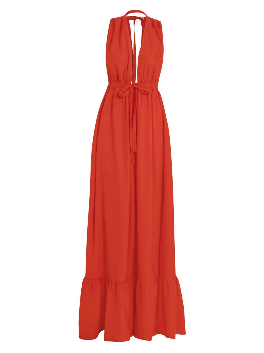 Aurora Bamboo Poplin Halter Maxi Dress - Tomato Red