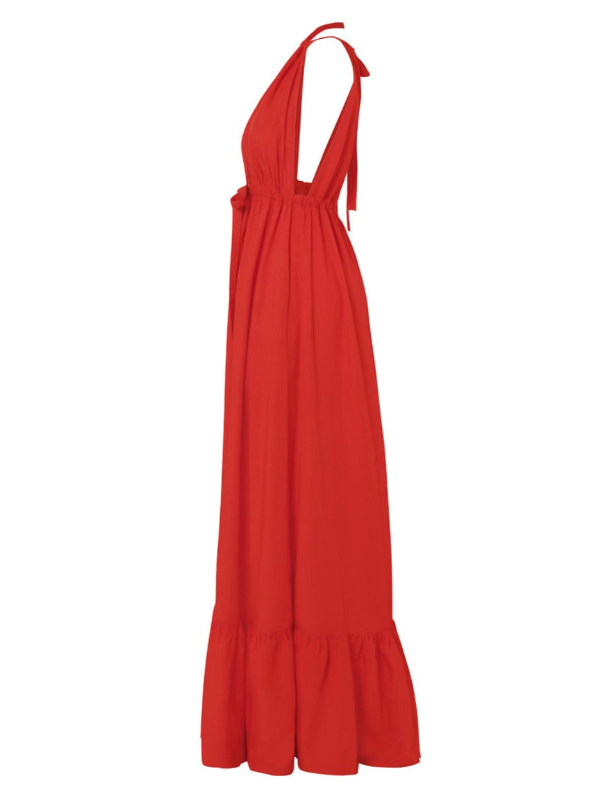 Aurora Bamboo Poplin Halter Maxi Dress - Tomato Red