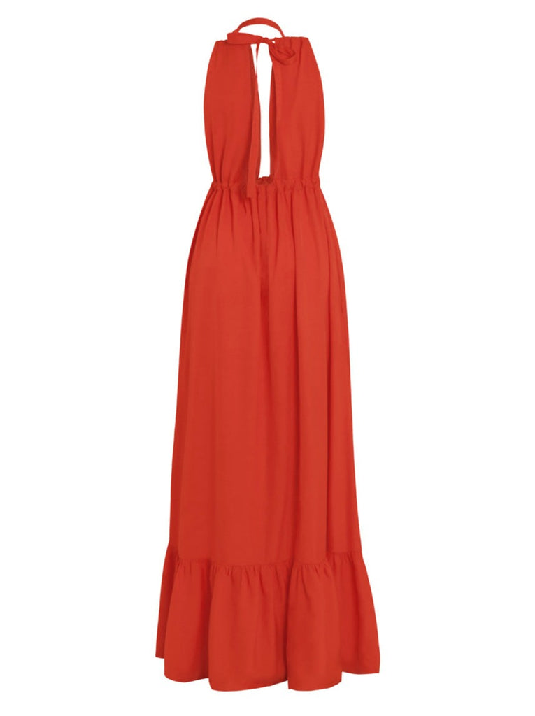 Aurora Poplin Halter Maxi Dress - Tomato Red