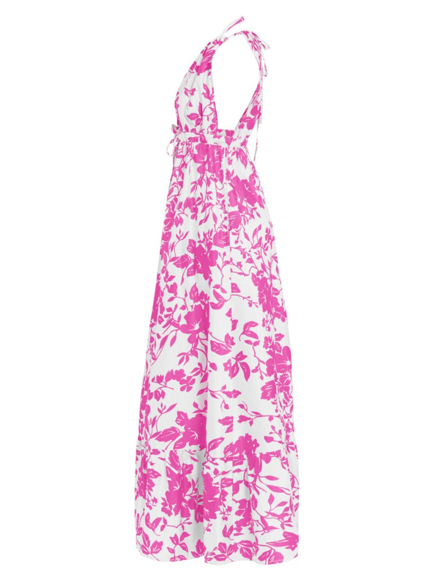 Aphaea Thai Silk Taffeta Ruffle Maxi Dress - Peony Floral